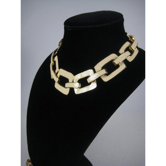 Vintage Chunky Goldtone Cream Enamel Link Chain Necklace 18 inch Collar Statemen - Picture 5 of 9
